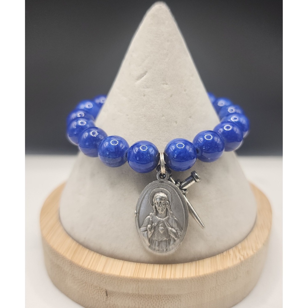 Blue Stone Beaded Stretch Bracelet Sacred Heart of Jesus Italy Medal Nail Cross